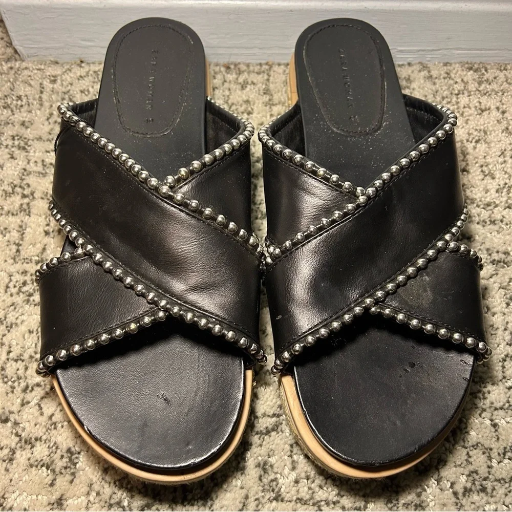 Zara Trafaluc Black & Silver Beaded Criss-Cross Chunky Platform Sandals Size 9